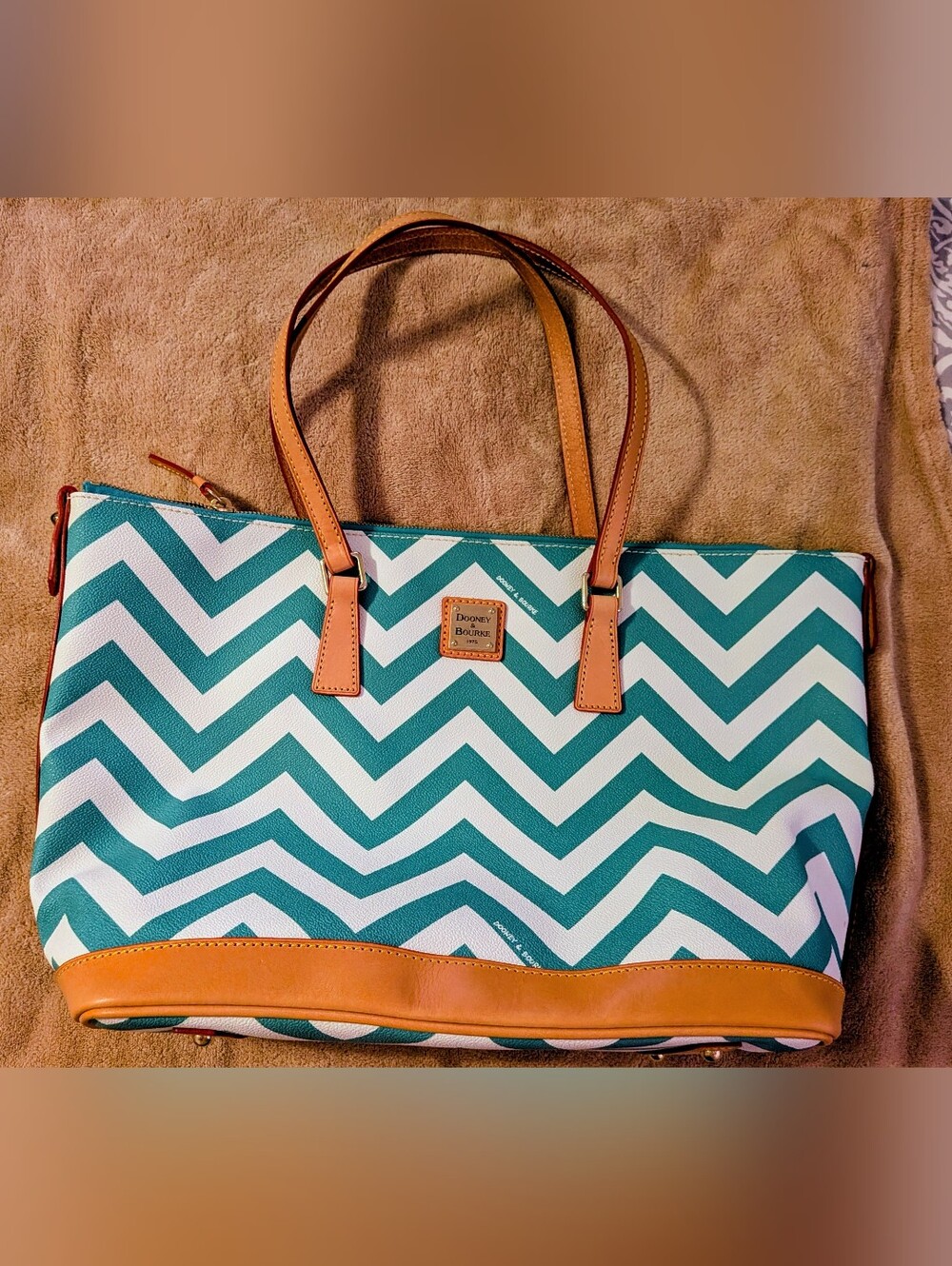 Dooney & Bourke Teal and White Chevron Tote with Tan Trim